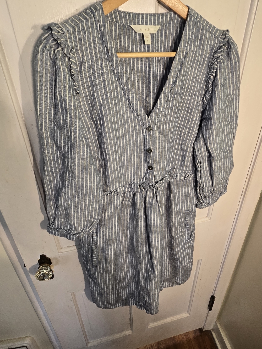 Garnet Hill Striped Blue Linen V-Neck Long Sleeve Dress Size 8 - Picture 3 of 7